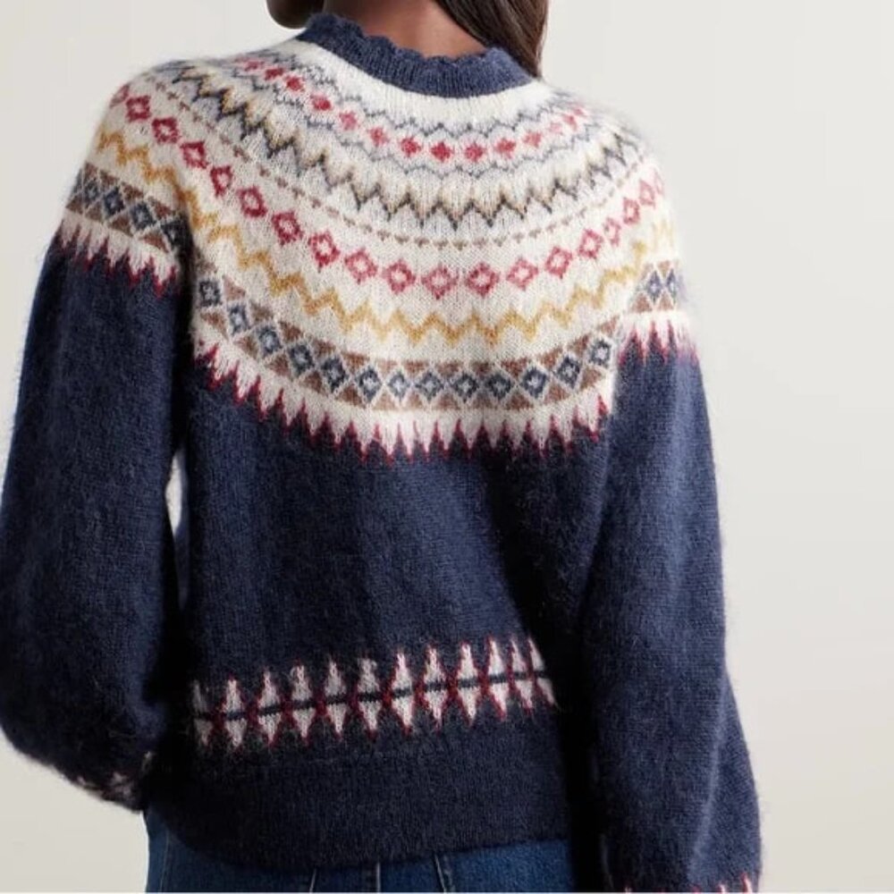 Doen Harvest Mohair Wool Cashmere Knit Print Sweater Top Navy Oslo Fair Isle L - Picture 3 of 8